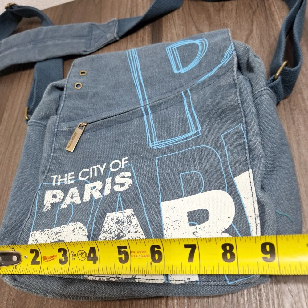 Robin Ruth Paris Messenger Bag Blue Canvas Crossbody Travel Souvenir Print